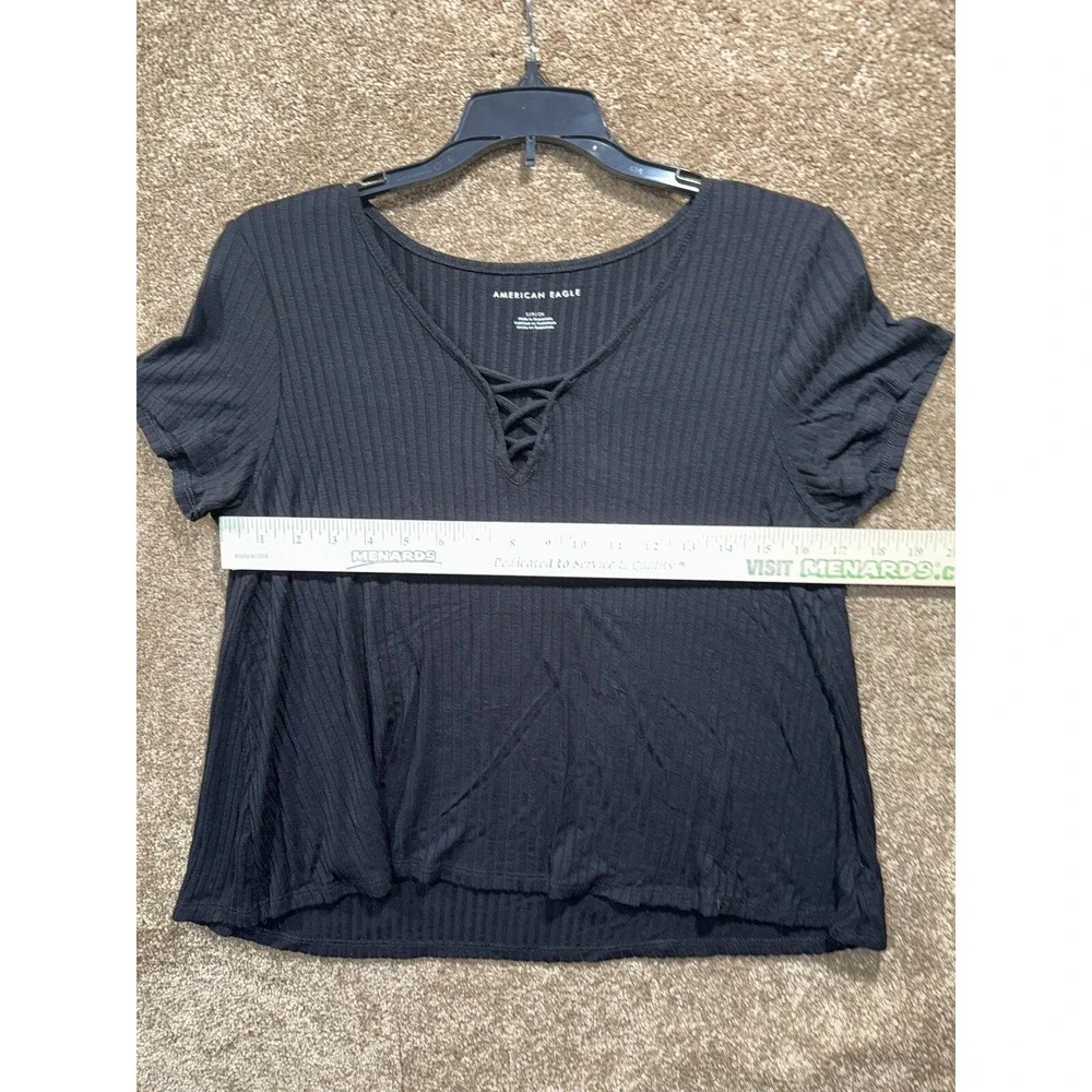 American Eagle Size Small Black V-Neck Short Sleeve Ribbed Knit Shirt - Picture 5 of 7